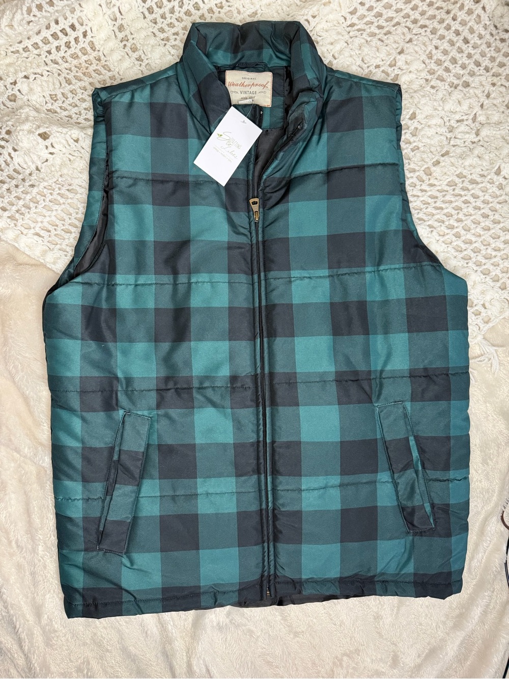 Weatherproof Men’s Teal and Black Plaid Quilted Vest